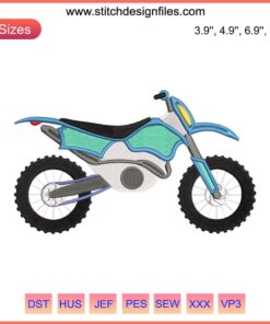 Sport Motorcycle Embroidery Design File: High-speed racing bike, intricate stitching, vibrant colors, machine embroidery download.