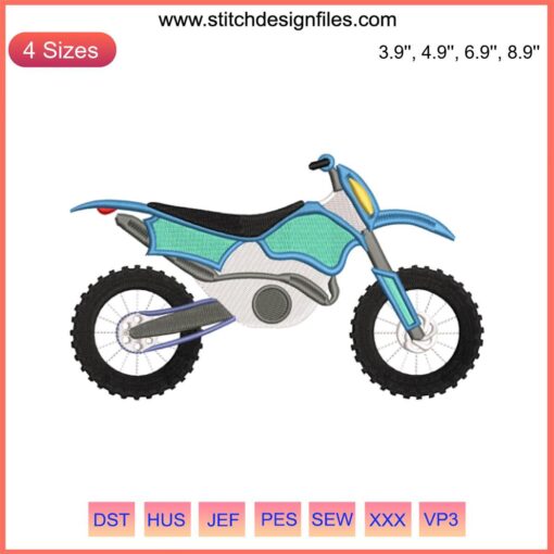 Sport Motorcycle Embroidery Design File: High-speed racing bike, intricate stitching, vibrant colors, machine embroidery download.