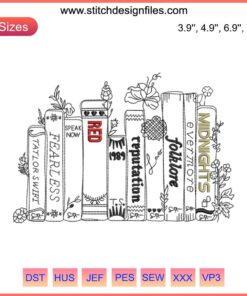 Embroidery design of Taylor Swift's "Midnights" album as a book cover, digital file download for crafting projects.