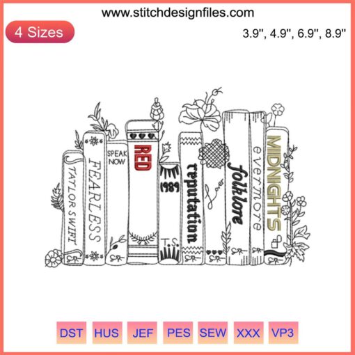 Embroidery design of Taylor Swift's "Midnights" album as a book cover, digital file download for crafting projects.