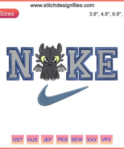 Toothless Nike embroidery design file, featuring How to Train Your Dragon character for custom apparel crafting.