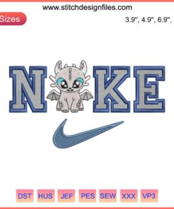 Light Fury Nike embroidery design, How to Train Your Dragon, machine embroidery pattern, detailed dragon motif.