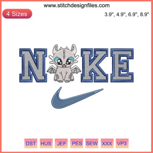 Light Fury Nike embroidery design, How to Train Your Dragon, machine embroidery pattern, detailed dragon motif.