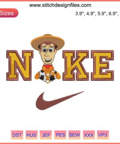 "Woody Nike Embroidery: Toy Story Machine Design File showcasing Woody from Toy Story in Nike style, vibrant colors, digital download."