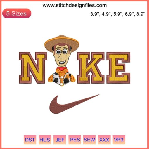"Woody Nike Embroidery: Toy Story Machine Design File showcasing Woody from Toy Story in Nike style, vibrant colors, digital download."