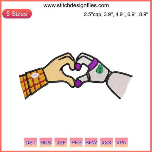 Buzz and Woody Hand Heart Embroidery Design, Toy Story Inspired, Machine Embroidery Pattern, Friendship Theme Textile Art