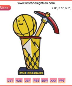 Denver Nuggets 2023 NBA Champions embroidery design, highlighting team logo and championship text; perfect for sports memorabilia.