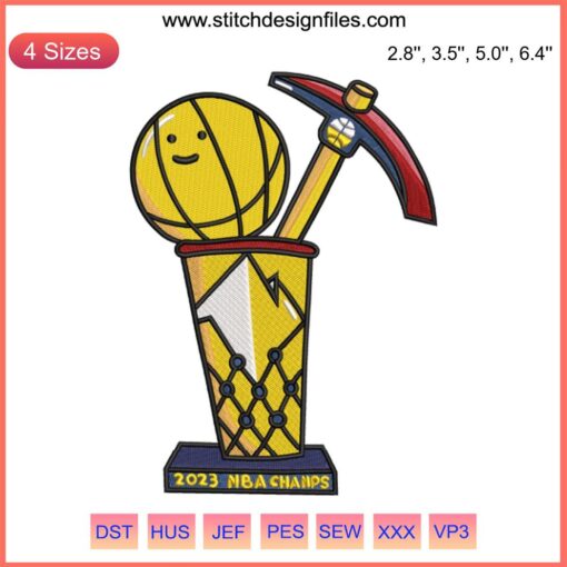 Denver Nuggets 2023 NBA Champions embroidery design, highlighting team logo and championship text; perfect for sports memorabilia.
