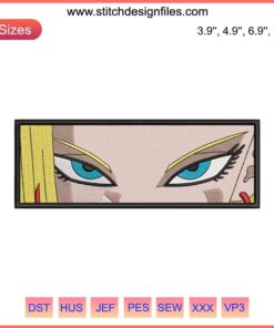 Android 18 eyes embroidery design from Dragon Ball anime, detailed machine embroidery pattern for crafting enthusiasts.