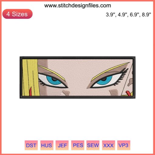 Android 18 eyes embroidery design from Dragon Ball anime, detailed machine embroidery pattern for crafting enthusiasts.