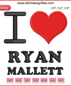 Ryan Mallett "I Heart Football Fans" Embroidery Design: Football-themed sports design file with bold text and heart graphics.