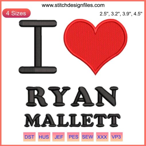 Ryan Mallett "I Heart Football Fans" Embroidery Design: Football-themed sports design file with bold text and heart graphics.