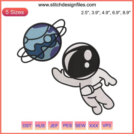 Cute astronaut embroidery design featuring a space theme. Perfect for outer space machine embroidery lovers and DIY projects.