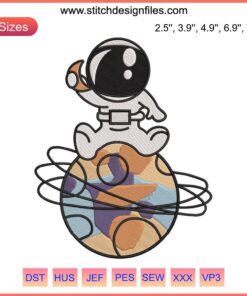Adorable astronaut embroidery design with stars; perfect for space-themed crafts. Cute outer space embroidery file.