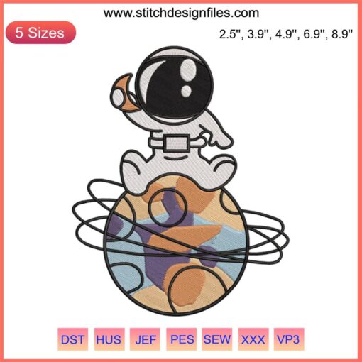 Adorable astronaut embroidery design with stars; perfect for space-themed crafts. Cute outer space embroidery file.