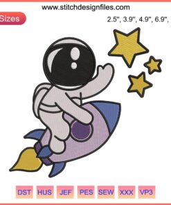 Cute astronaut embroidery design, outer space theme, digital file, vibrant colors, whimsical space suit, perfect for decor projects.