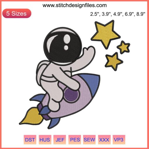Cute astronaut embroidery design, outer space theme, digital file, vibrant colors, whimsical space suit, perfect for decor projects.