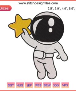 Cute astronaut embroidery design featuring a cartoon astronaut in space; perfect for machine embroidery projects.