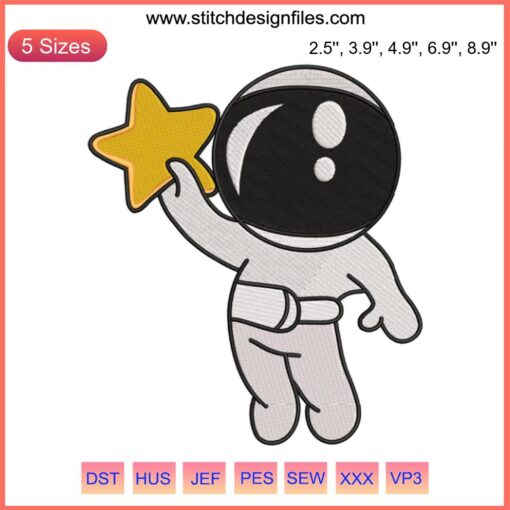 Cute astronaut embroidery design featuring a cartoon astronaut in space; perfect for machine embroidery projects.