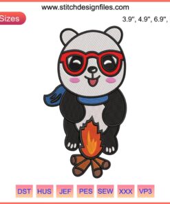 Cute panda by bonfire embroidery design, animal love motif, digital file for sewing enthusiasts, unique wildlife pattern.