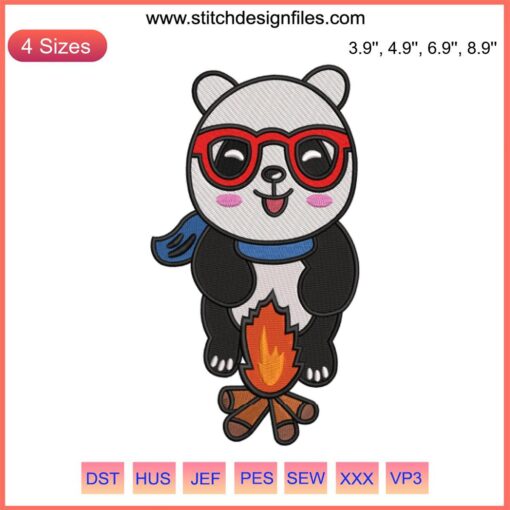 Cute panda by bonfire embroidery design, animal love motif, digital file for sewing enthusiasts, unique wildlife pattern.