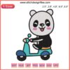 Cute panda on motorbike embroidery design, animal love, machine embroidery, adorable panda, digital product art.