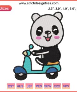Cute panda on motorbike embroidery design, animal love, machine embroidery, adorable panda, digital product art.