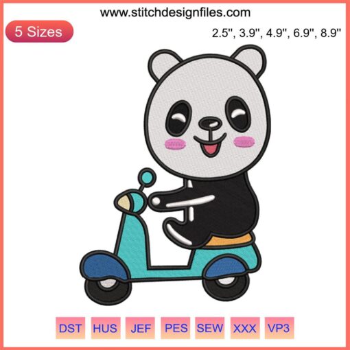 Cute panda on motorbike embroidery design, animal love, machine embroidery, adorable panda, digital product art.