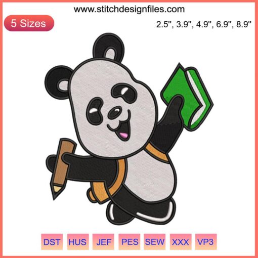 Embroidery design featuring an adorable panda wearing a backpack, ideal for animal-themed baby clothes and crafts.