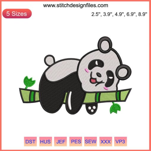 Cute panda sleeping on bamboo embroidery design, animal love, machine embroidery file, adorable panda art.
