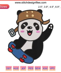 Cute panda on skateboard embroidery design; ideal for animal-themed machine embroidery projects. Downloadable file.