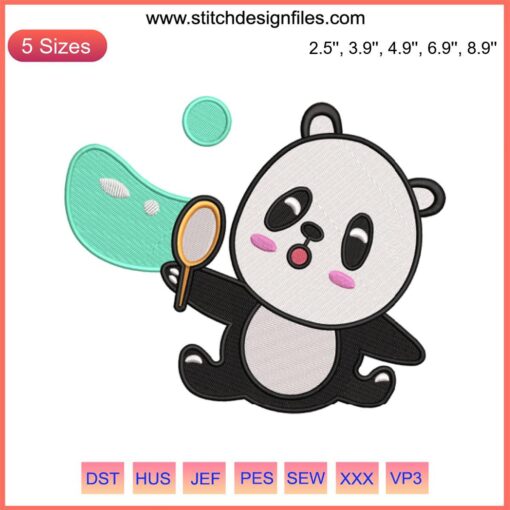Panda Blowing Soap Bubbles Embroidery Design | Cute Animal Machine Embroidery File | Whimsical Panda Art for Sewing Projects