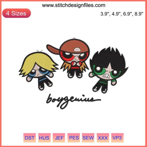 Boygenius Band Chibi Embroidery Design: Cute chibi character embroidery of Boygenius rock band. Machine embroidery file download.