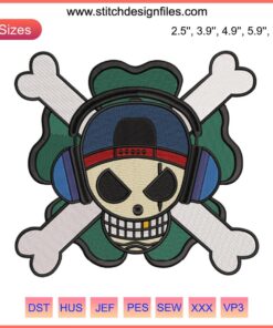 Shamrock Jolly Roger Embroidery Design: One Piece anime-inspired clover pirate flag machine embroidery pattern.