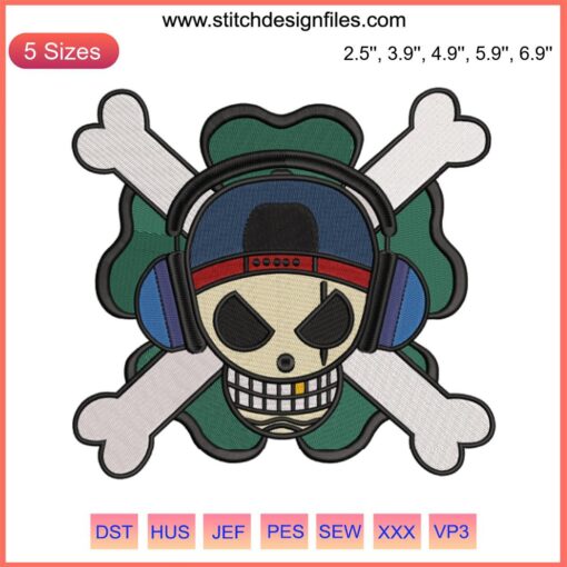 Shamrock Jolly Roger Embroidery Design: One Piece anime-inspired clover pirate flag machine embroidery pattern.