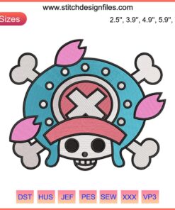 Chopper Jolly Roger Logo Embroidery, One Piece Anime Design, Machine Embroidery Pattern, Skull Motif, Pirate Hat Theme.