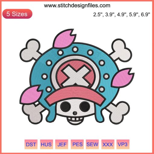 Chopper Jolly Roger Logo Embroidery, One Piece Anime Design, Machine Embroidery Pattern, Skull Motif, Pirate Hat Theme.