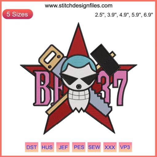 Franky Jolly Roger Logo Embroidery Design, Anime One Piece, Machine Embroidery Pattern, Pirate Skull with Spiked Hair, Embroidery File