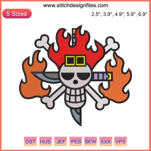 Eustass Kid Jolly Roger Logo Embroidery AI File | One Piece Anime Skull Design with Crossbones and Spiky Hair