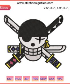 Zoro Jolly Roger Embroidery Design | One Piece Anime Logo File | Skull with 3 Swords Crossed