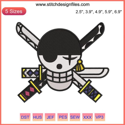 Zoro Jolly Roger Embroidery Design | One Piece Anime Logo File | Skull with 3 Swords Crossed