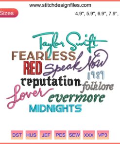 Taylor Swift The Eras Tour Embroidery File: 2023 Album-Themed Machine Embroidery Design with Musical Elements