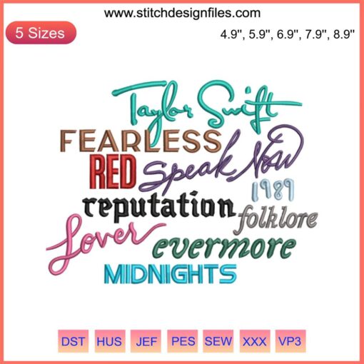 Taylor Swift The Eras Tour Embroidery File: 2023 Album-Themed Machine Embroidery Design with Musical Elements