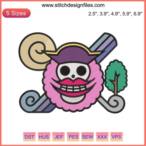 Big Mom Jolly Roger Embroidery Design - One Piece Anime Machine Embroidery File, Pirate Skull & Crossbones, Pink Hat, High-Quality.