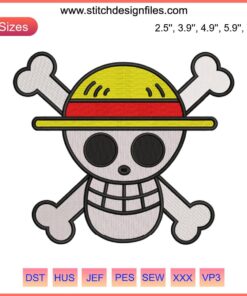 One Piece Luffy Jolly Roger Embroidery Design; Skull Logo with Straw Hat; Anime Machine Embroidery Pattern.