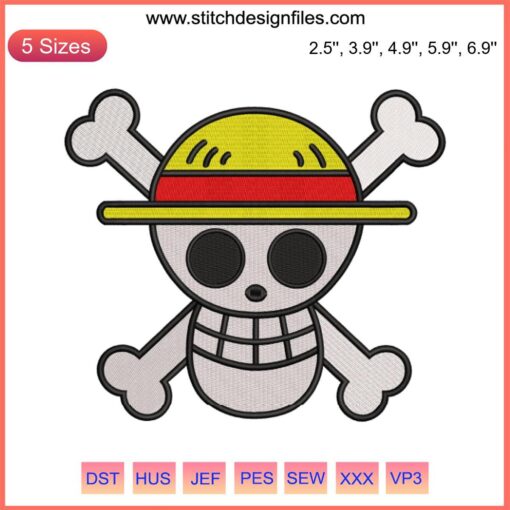 One Piece Luffy Jolly Roger Embroidery Design; Skull Logo with Straw Hat; Anime Machine Embroidery Pattern.
