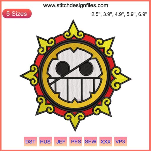 Joker Jolly Roger Embroidery: One Piece Anime Machine Design featuring iconic skull with purple hat and wild smile.