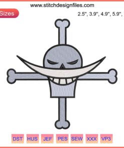 Edward Newgate Jolly Roger Embroidery File: One Piece anime skull design with white beard, black background, creative art.