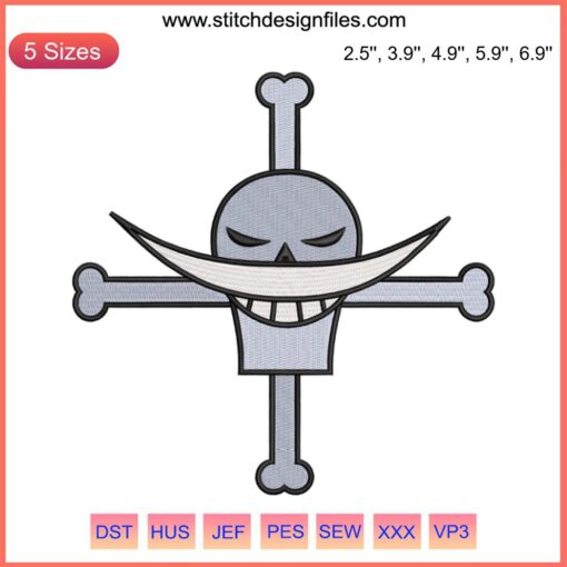 Edward Newgate Jolly Roger Embroidery File: One Piece anime skull design with white beard, black background, creative art.
