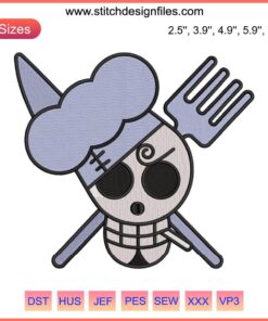 Sanji Jolly Roger Logo Embroidery File: Anime One Piece Machine Embroidery Design featuring a stylized skull with chef's hat.